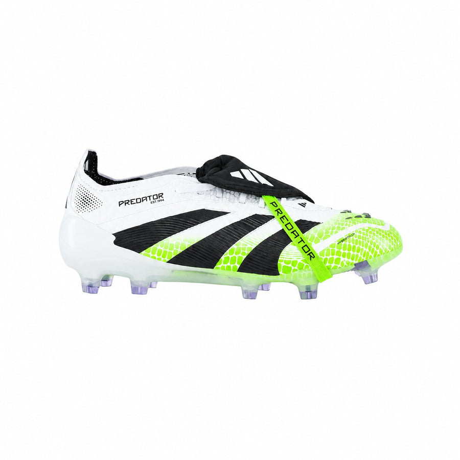 Chuteira Adidas Predator Elite com Lingueta FG — Branco / Preto / Verde — vista lateral